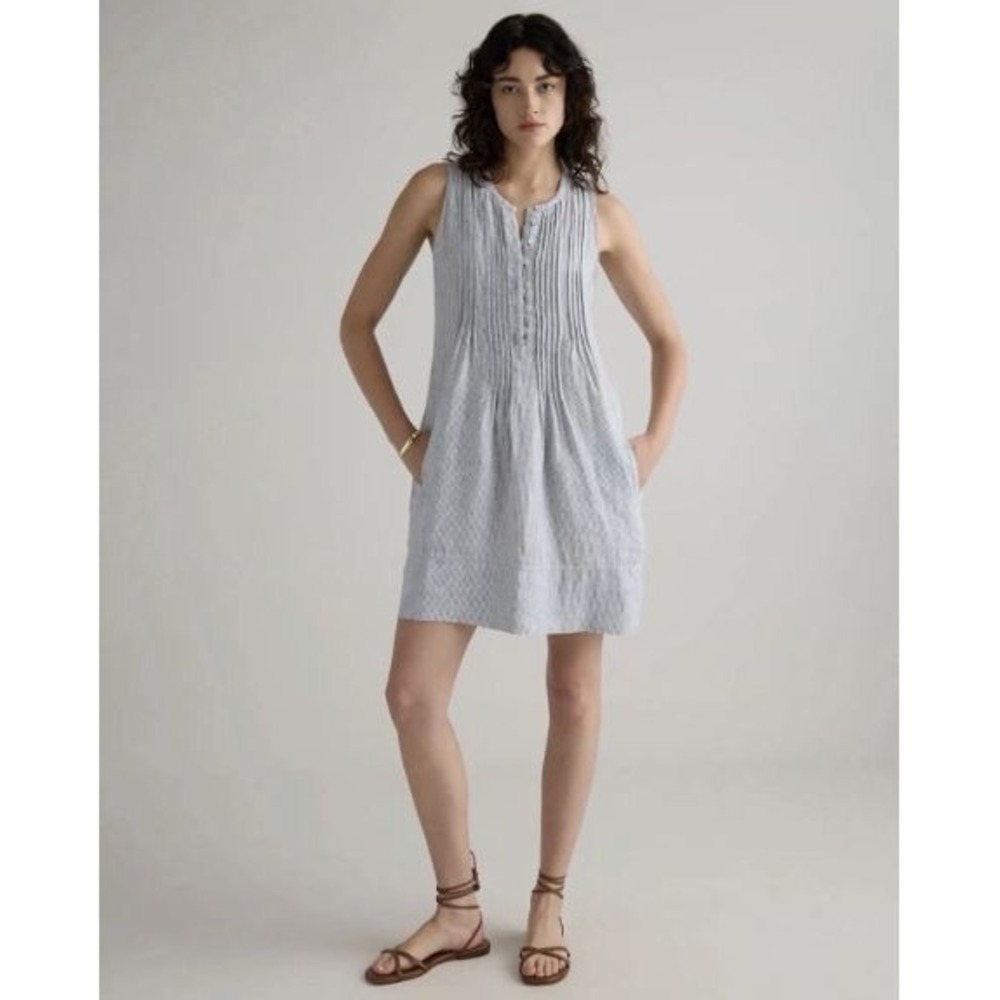 NEW Quince 100% European Linen Sleeveless Swing Dress Blue Pinstripe  Size S NWT